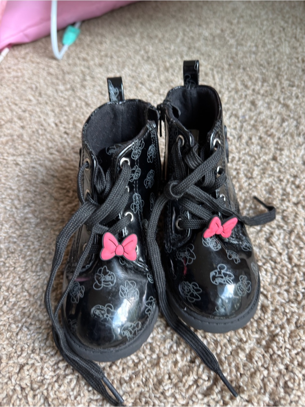 Disney Black Glossy Lace-Up Kids Boots with Pink Bow